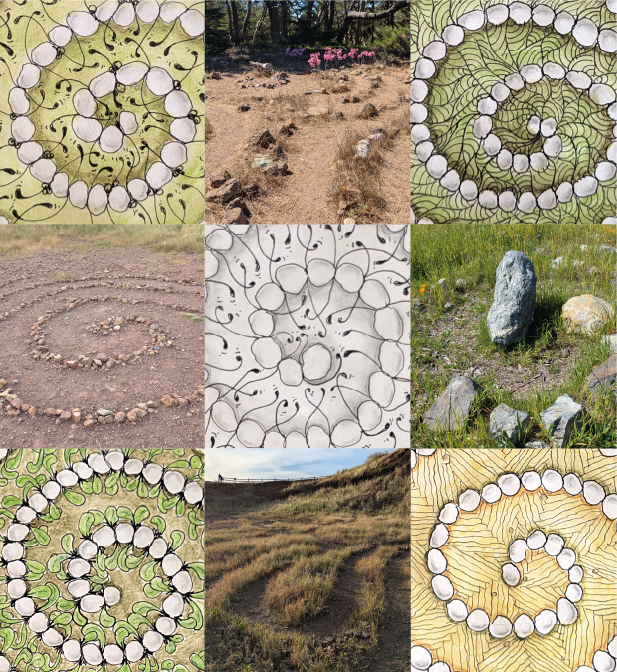 Photos of labyrinths in nature and drawings of imagined labyrinths