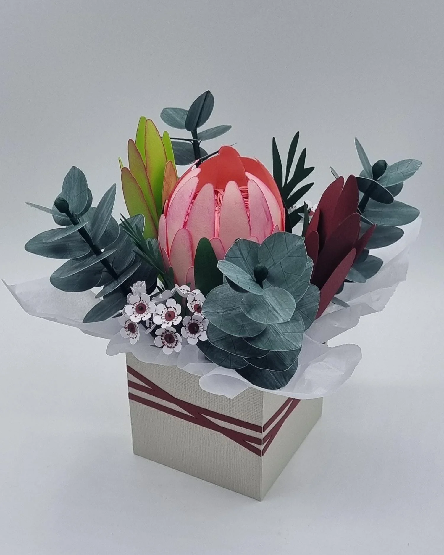 Handcrafted paper bouquet featuring Proteas, eucalyptus, and wax flowers — a lasting Australian native-inspired floral gift for any occasion.