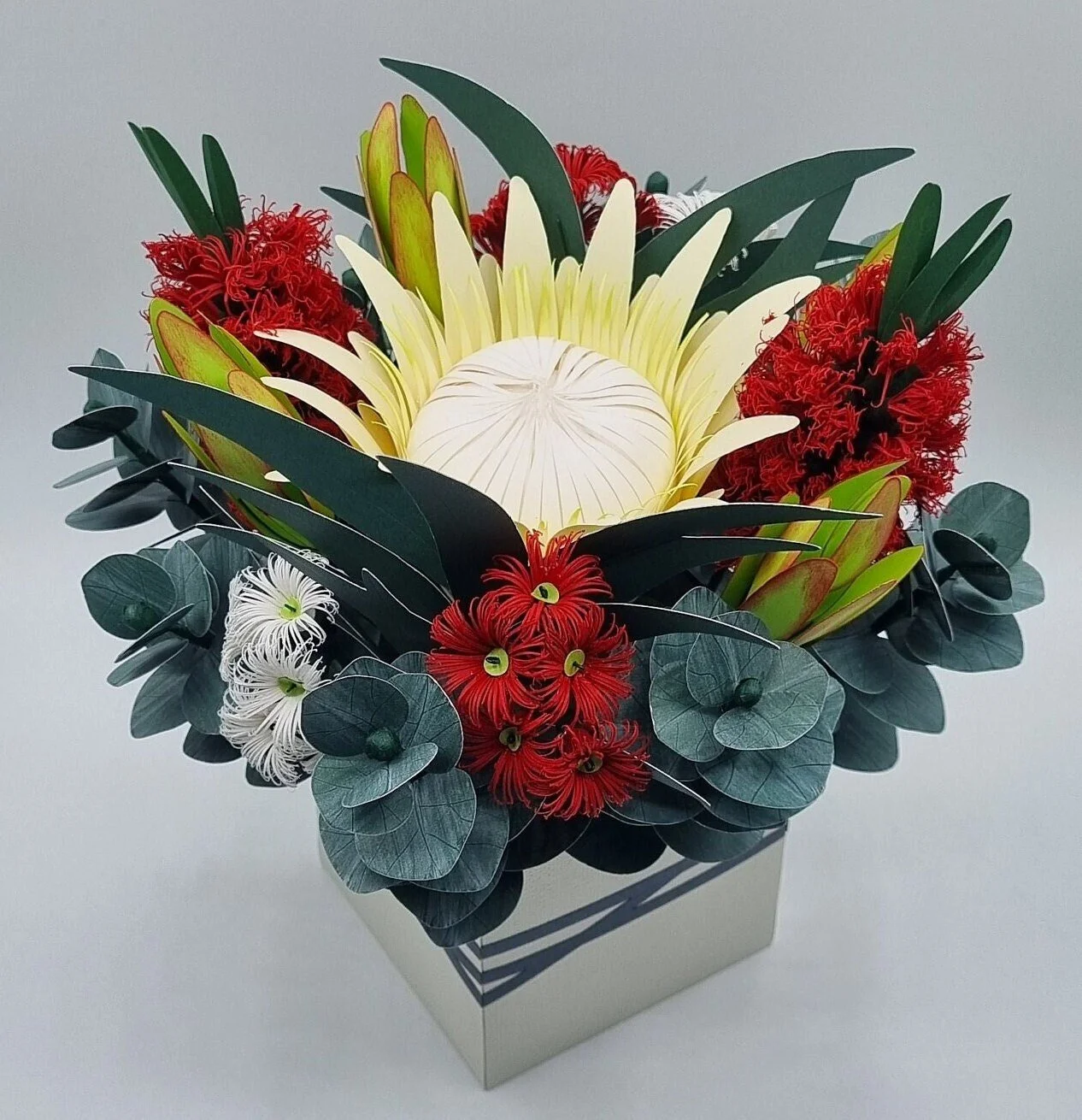 Handcrafted paper bouquet featuring proteas, eucalyptus and gum blossoms – a lasting Australian native-inspired floral gift for any occasion.