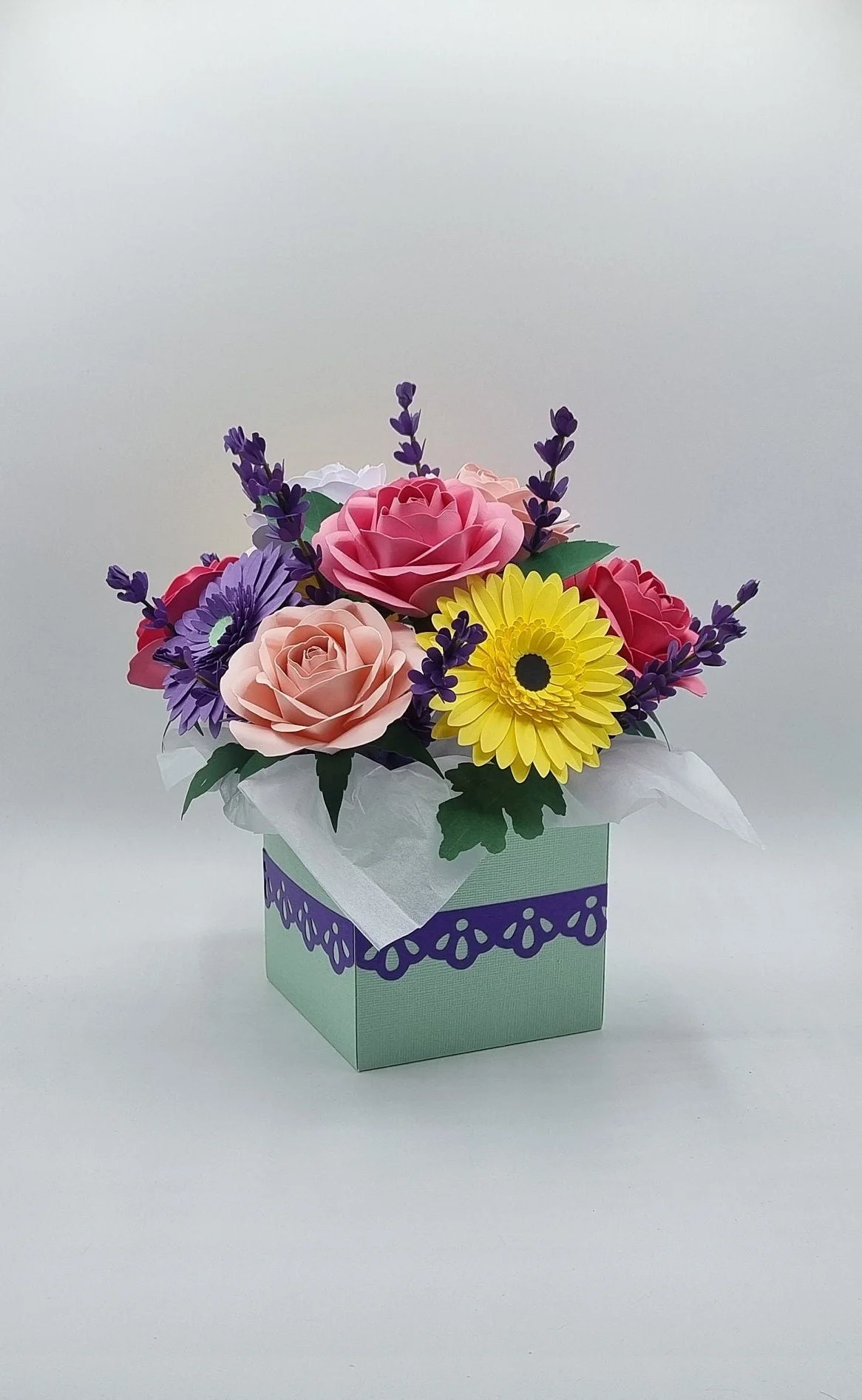 Handmade paper flower bouquet in a mint green gift box with purple ribbon, featuring pink roses, purple gerbera daisy and lavender sprigs - crafted in Perth, WA by Uniquely Packaged