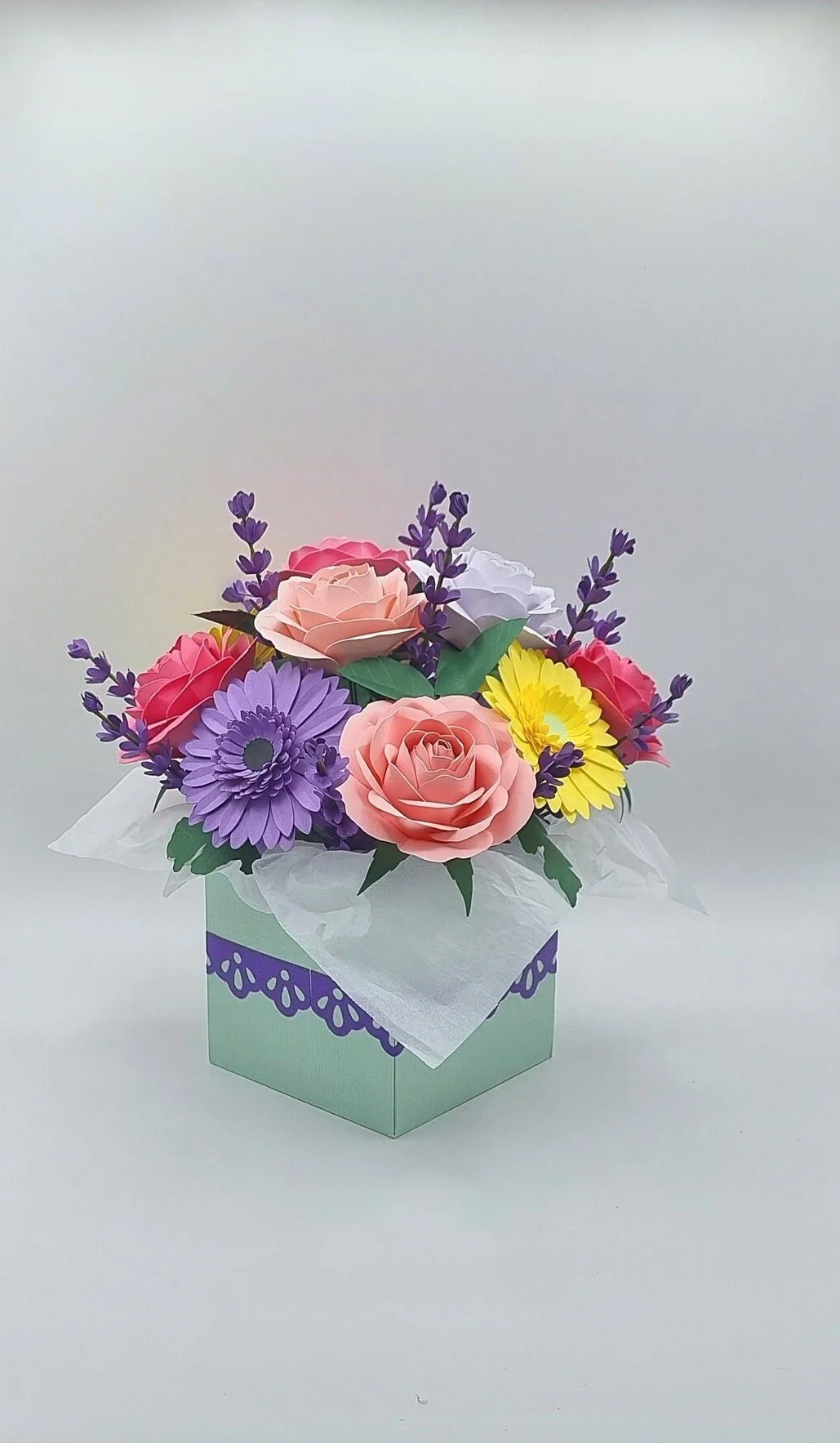 Handmade paper flower bouquet in a mint green gift box with purple ribbon, featuring pink roses, purple gerbera daisy and lavender sprigs - crafted in Perth, WA by Uniquely Packaged