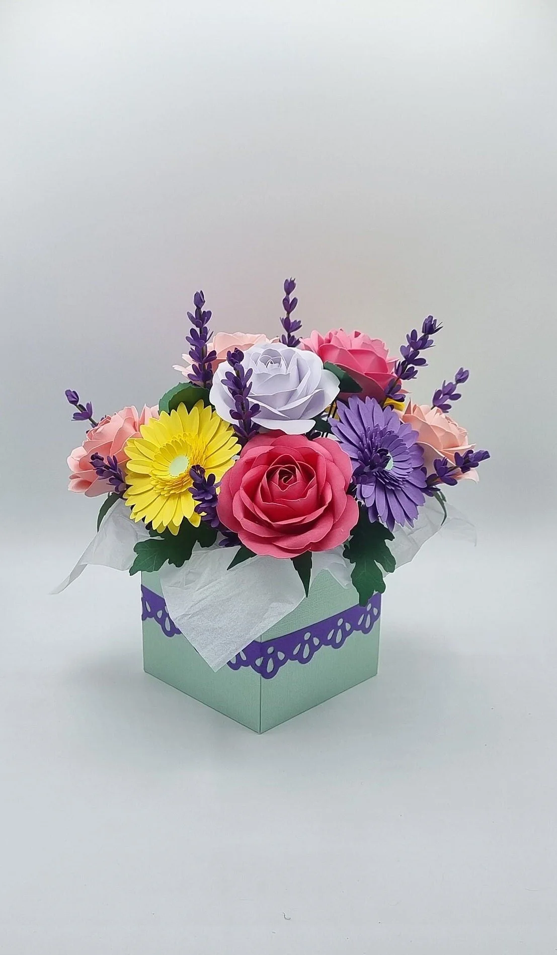 Handmade paper flower bouquet in a mint green gift box with purple ribbon, featuring pink roses, purple gerbera daisy and lavender sprigs - crafted in Perth, WA by Uniquely Packaged