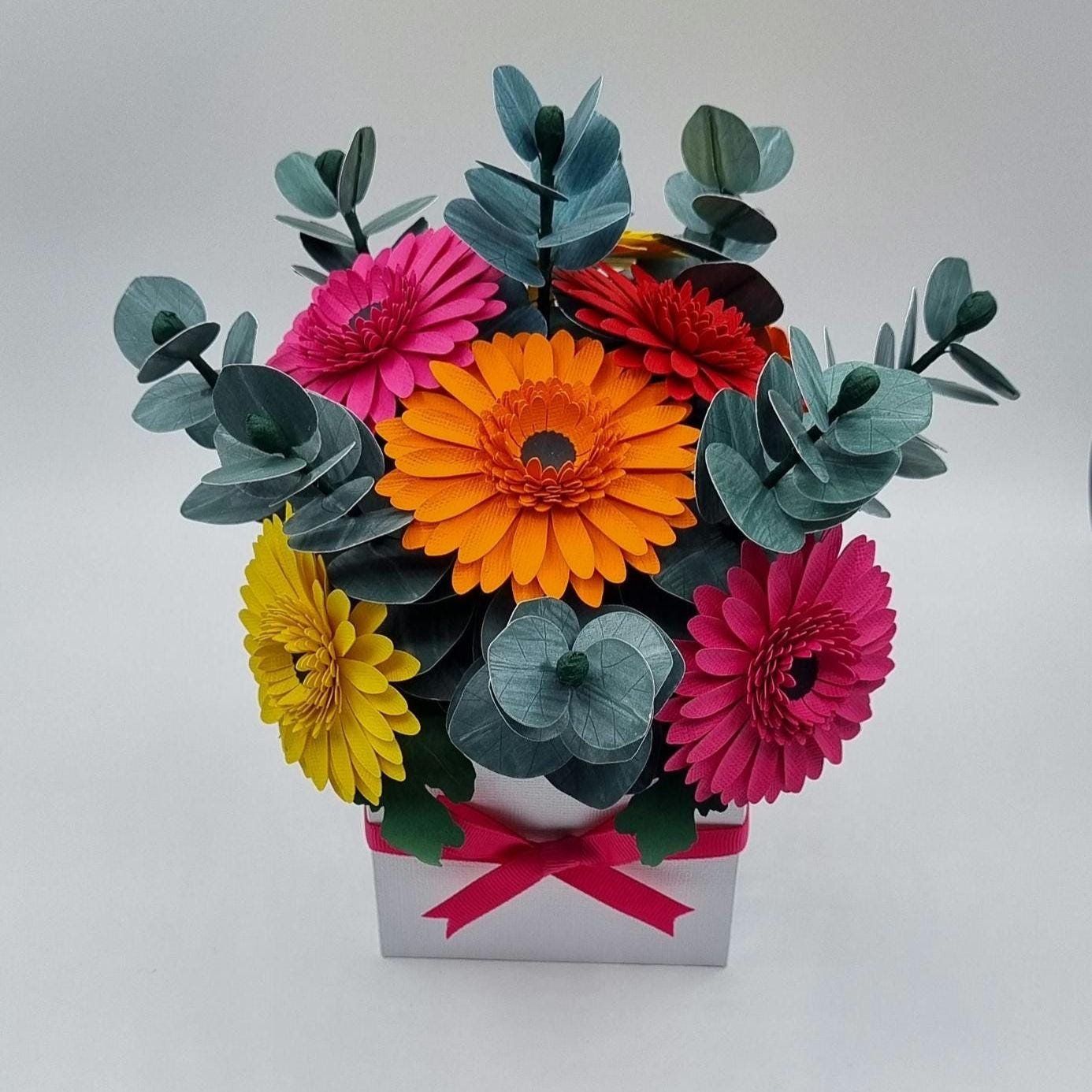 Paper Flower Bouquet, featuring Gerbera daisy's and Eucalyptus