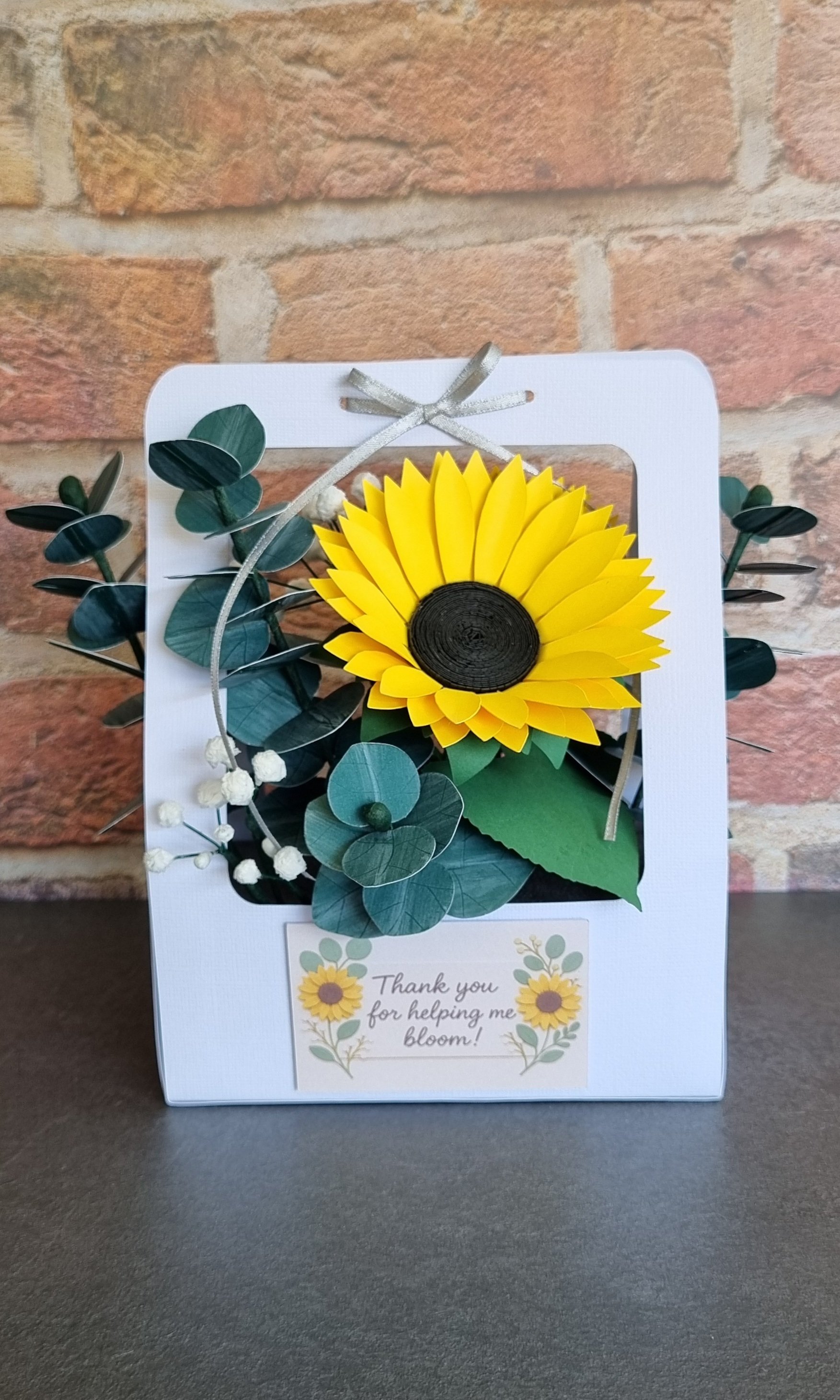 Full display of the sunflower teacher gift including the box, paper flowers, eucalyptus stems, baby’s breath, and the appreciation plaque, ready for gifting..jpg
