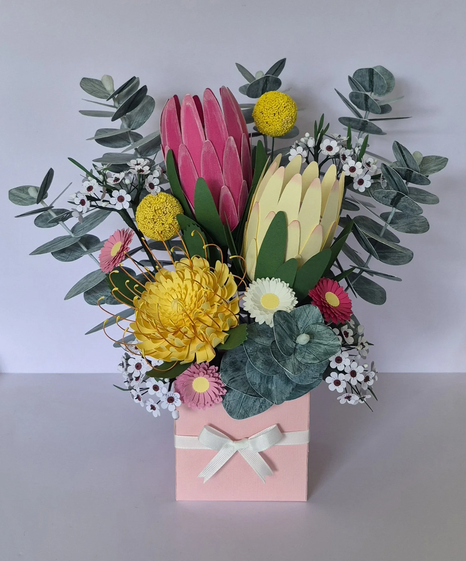 Handmade Paper Flower Protea, Pin Cushion Protea, Pink Straw Flower, Billy Button, Wax Flower and Eucalyptus Native Bouquet