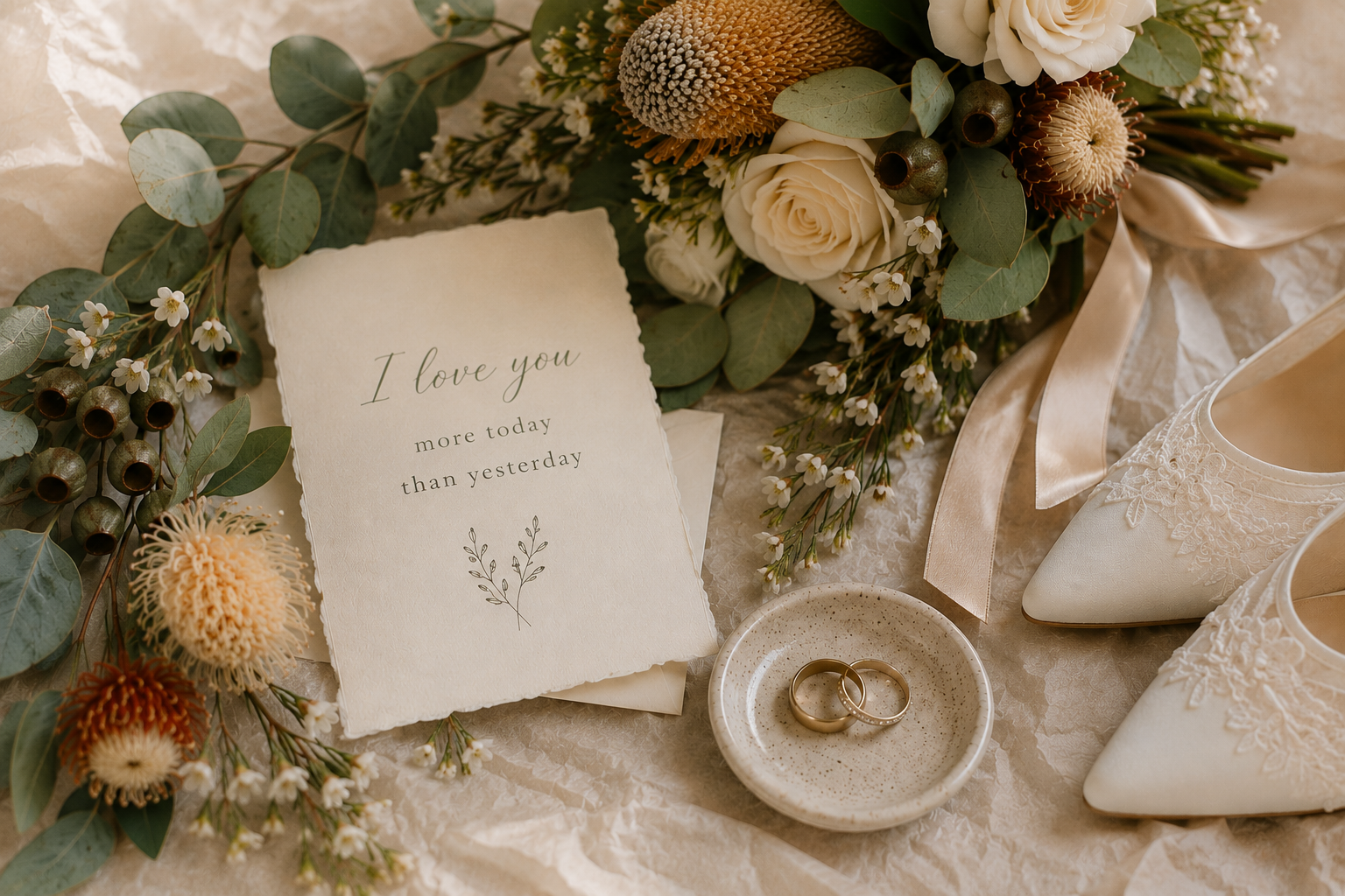 Elegant first wedding anniversary styling with paper flowers, wedding rings, bridal shoes and Australian native eucalyptus.