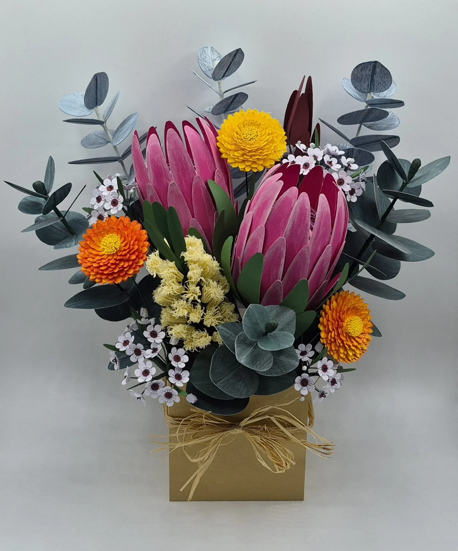 Paper Flower Pink protea, Bottle brush, Straw flower, Wax Flower and Eucalyptus native bouquet
