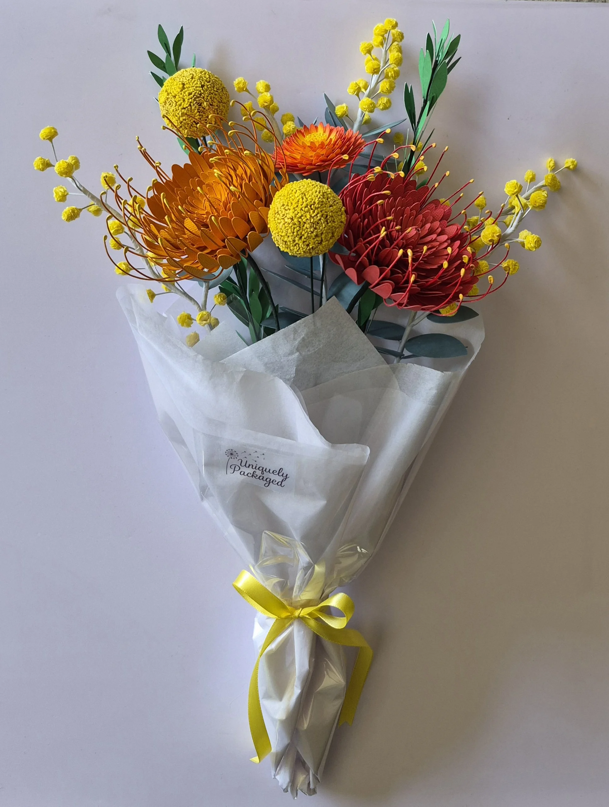Orange Yellow Tones Native Flower Bouquet, Pin Cushion Protea, Wattle, Billy Button and Straw Flowers
