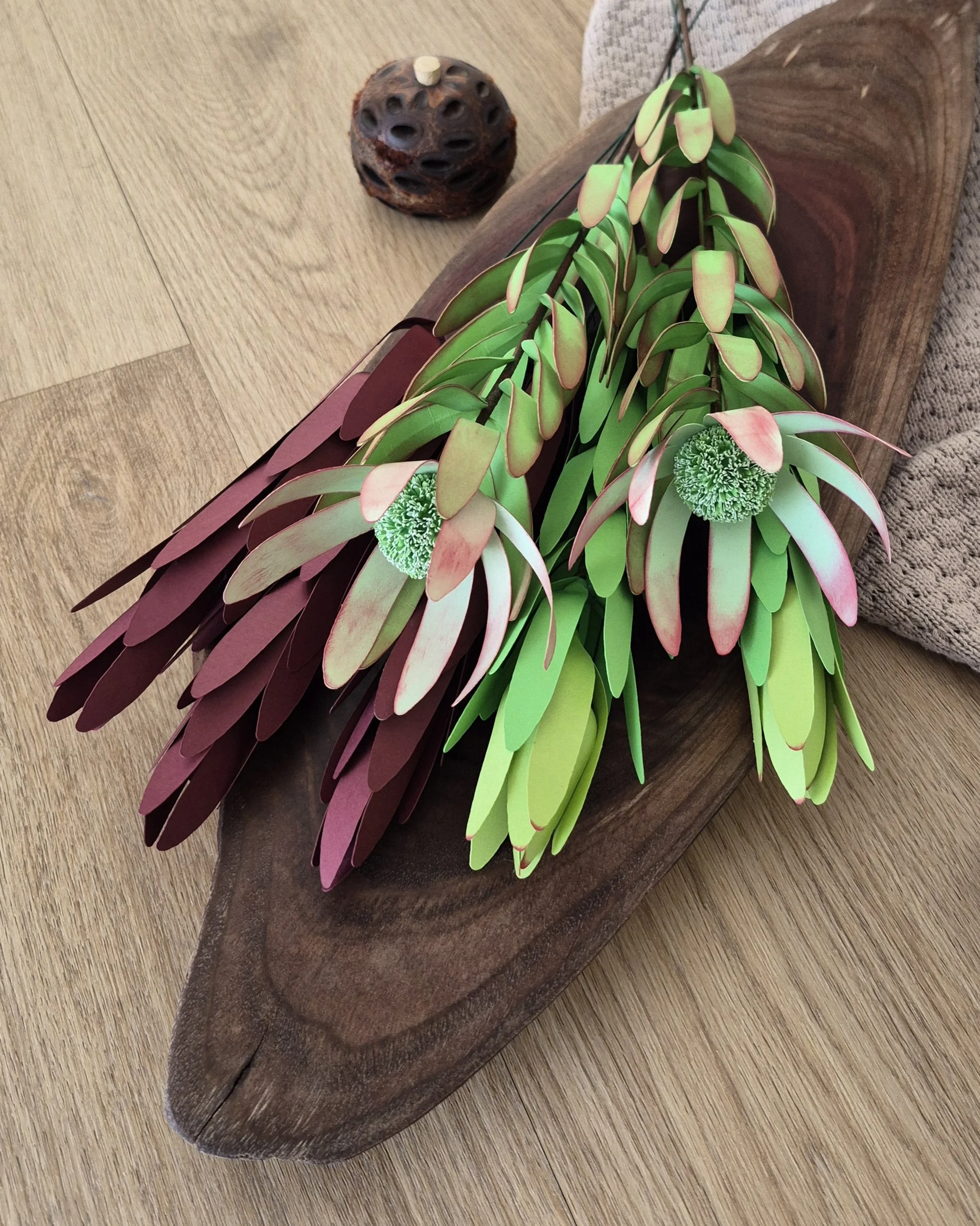 Red and Green Handmade Paper Leucadendron Flowers
