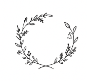 Simple black line drawing of a circular wreath made of leaves and small flowers