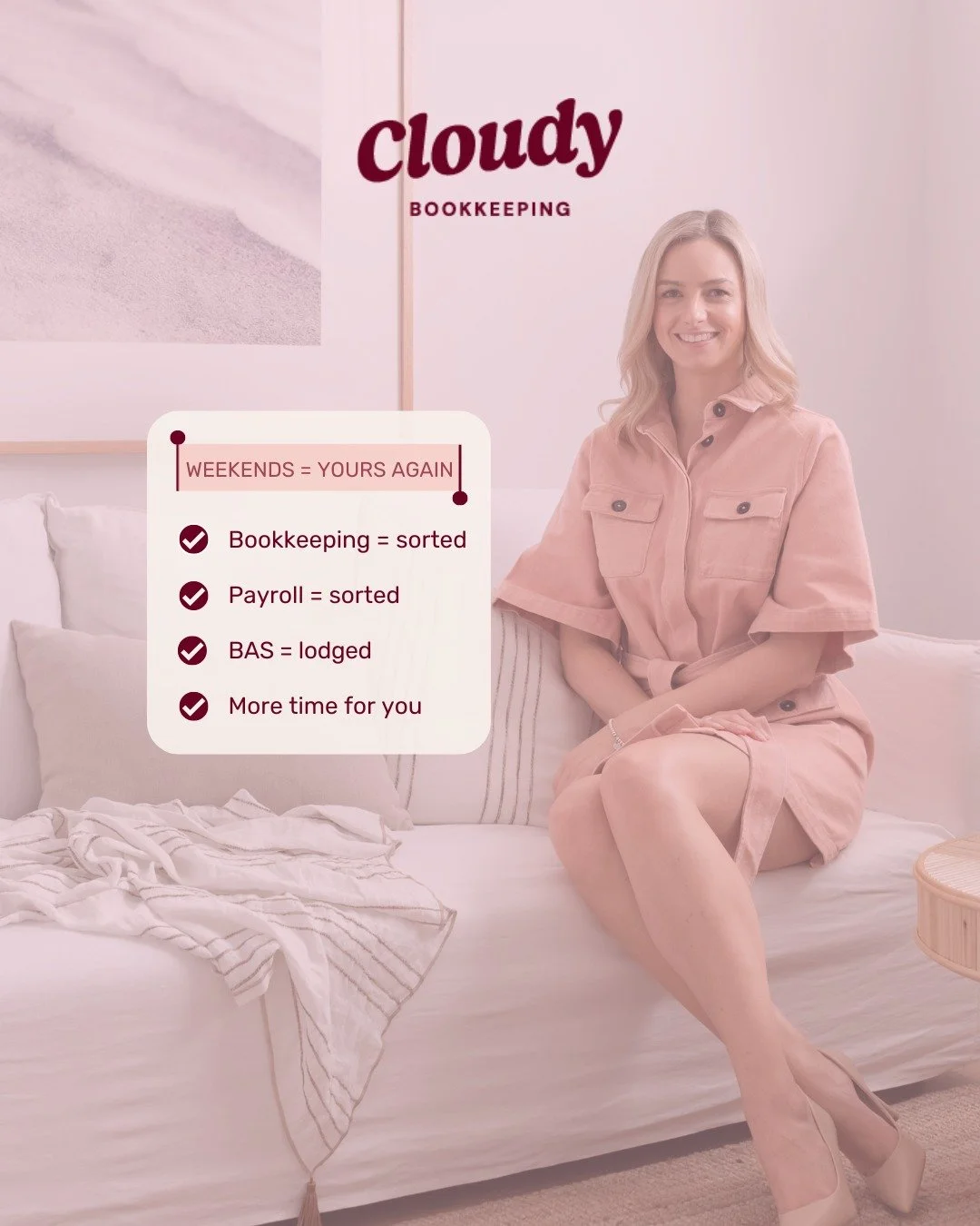 Weekends = yours again ☁️

If your to-do list still says reconcile Xero, lodge BAS, run payroll - we&rsquo;ve got you.
 
Our team helps you stay compliant, confident and actually take a breather (remember those?).
Because business feels a whole lot b