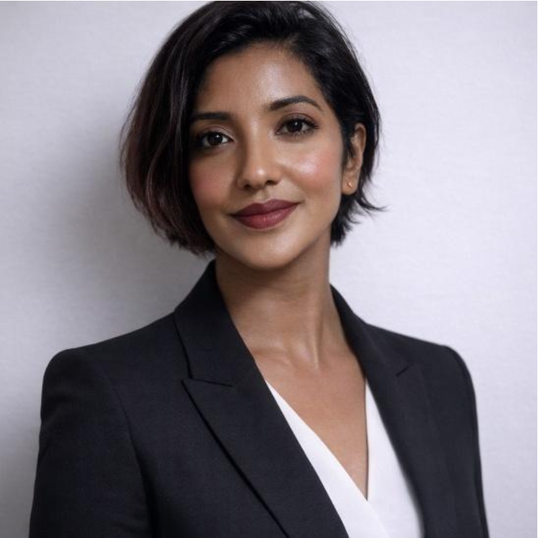 A young woman with short, dark hair styled to one side, wearing a black blazer over a white top, standing against a plain white background, smiling slightly.
