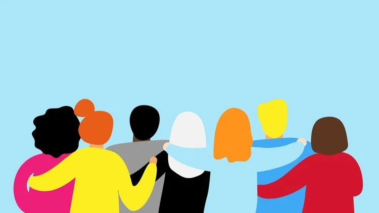 Illustration of seven diverse women standing together with their arms around each other against a blue background.