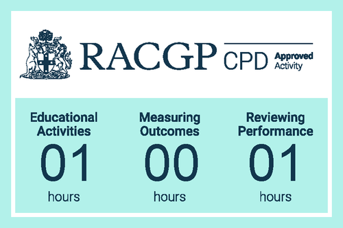 RACGP CPD Approved Activity certification display showing 1 hour for educational activities, 0 hours for measuring outcomes, and 1 hour for reviewing performance.