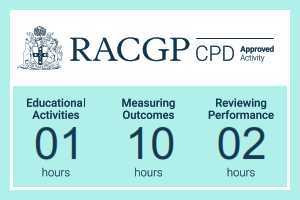 A certification badge from RACGP CPD showing 1 hour of educational activities, 10 hours of measuring outcomes, and 2 hours of reviewing performance.
