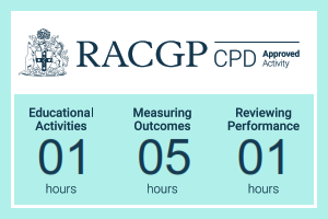Audit summary card for RACGP CPD with 1 hour of educational activities, 5 hours of measuring outcomes, and 1 hour of reviewing performance.
