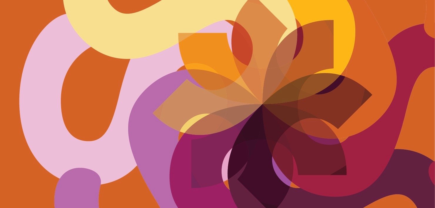 Abstract geometric art with overlapping shapes in warm colors like orange, purple, red, and yellow.