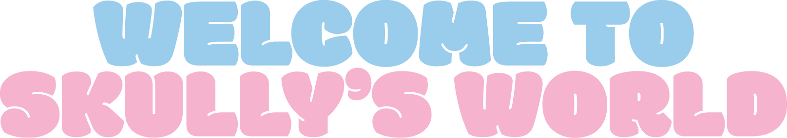 Colorful sign with large blue and pink letters reading "Welcome to Skully's World".