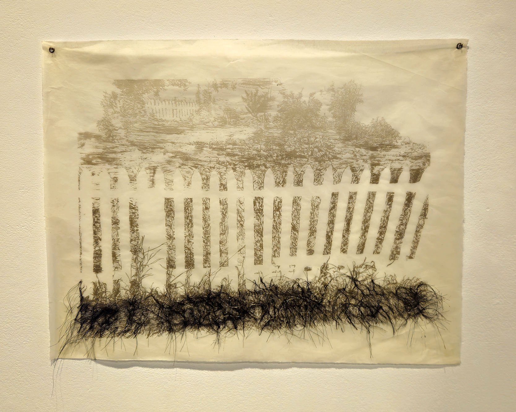 Glimmers in the Overgrowth: Screenprint on waxed paper with hand tied threads. 2025