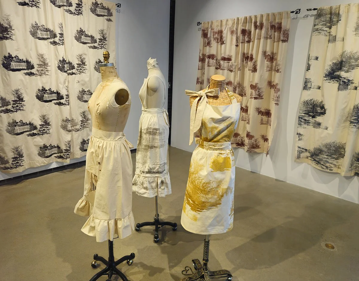 Ruins of Domesticity/ Collapsible/Romanticized: Cotton Aprons with screen print or burn marks. 2025-2026