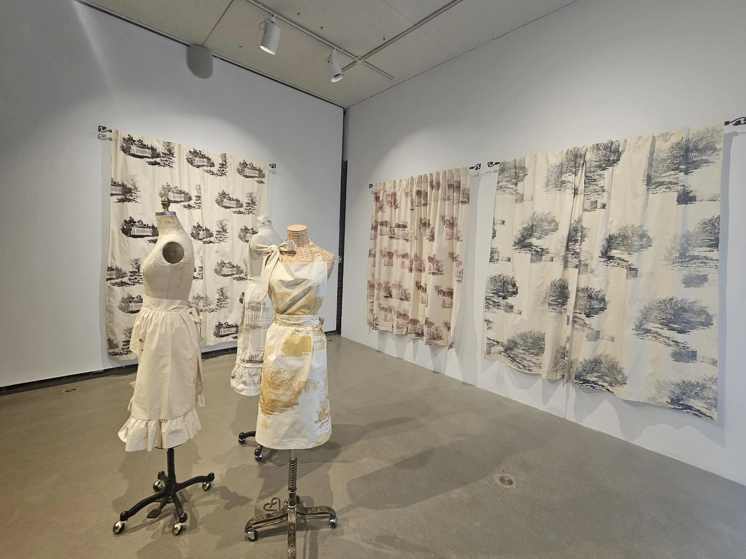 A Season of Melancholy: Drapes and Dress forms Display. Screenprints on cotton. 2026
