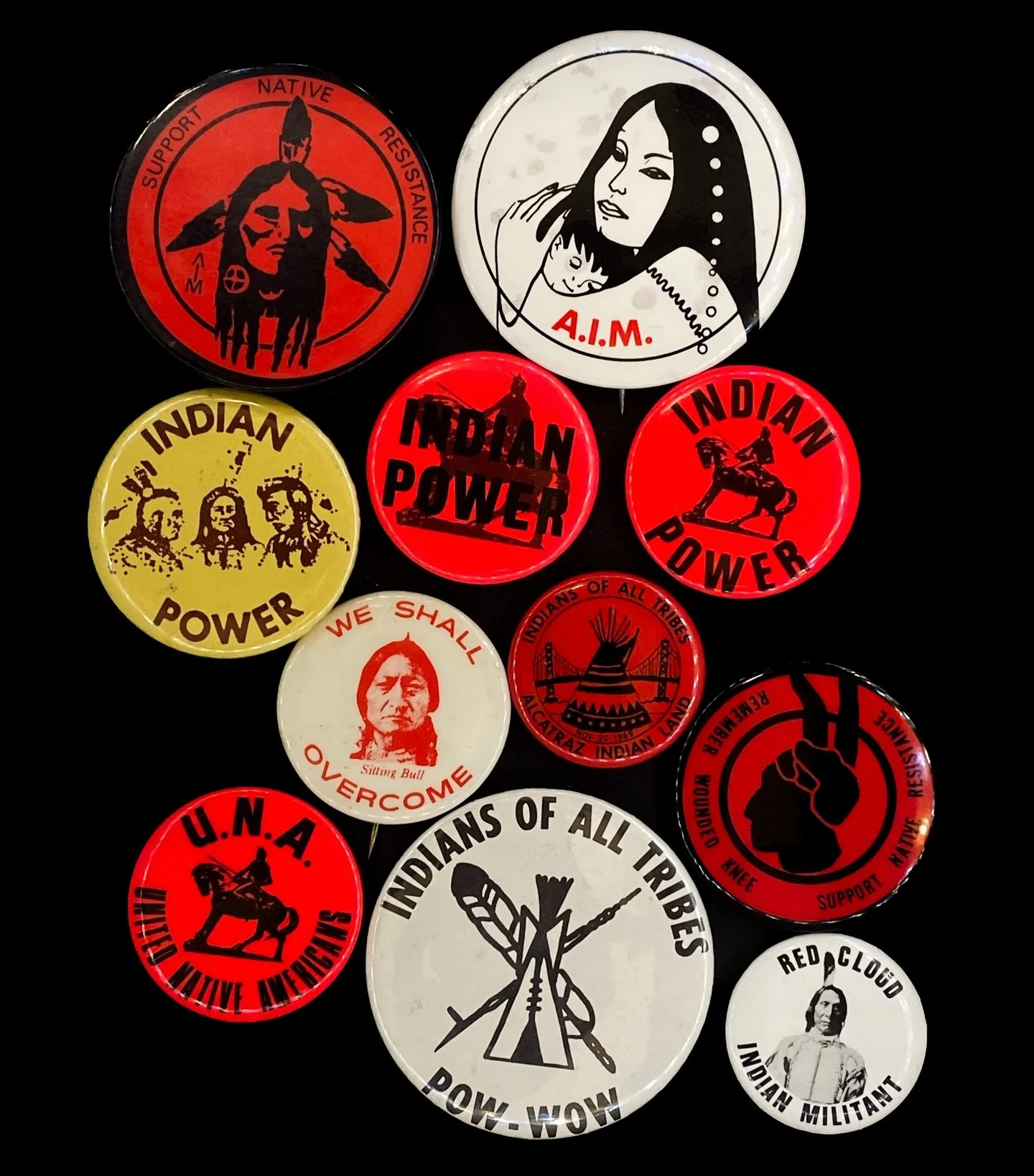 Assorted buttons of the 1970s indigenous movement; &ldquo;Support Native Resistance,&rdquo; &ldquo;The Native American Revolution Bicentennial 1776-1976 / 200 Years of Resistance,&rdquo; American Indian Movement.

Although Thanksgiving represents for