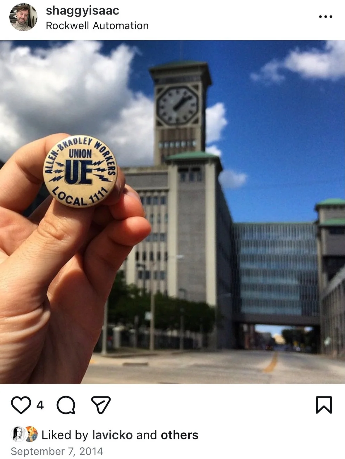 Long before &ldquo;Buttons of the Left&rdquo; existed, on a previous weekend visit to Milwaukee, I found this button from the @ueunion Local 1111 at an antique mart in the shadow of the iconic Allen-Bradley clock tower. Allen-Bradley workers, who man