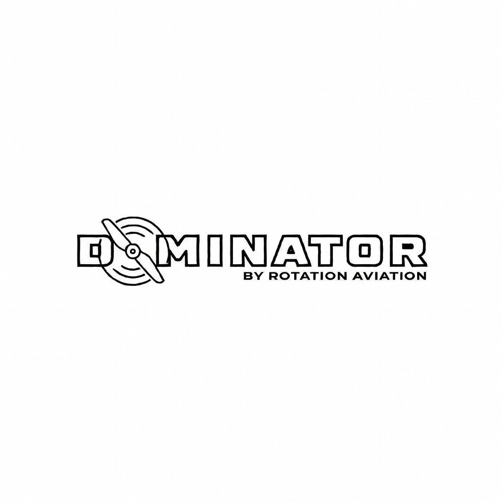 Logo for 'Dominator' by Rotation Aviation, featuring a stylized aircraft and radio signal lines.