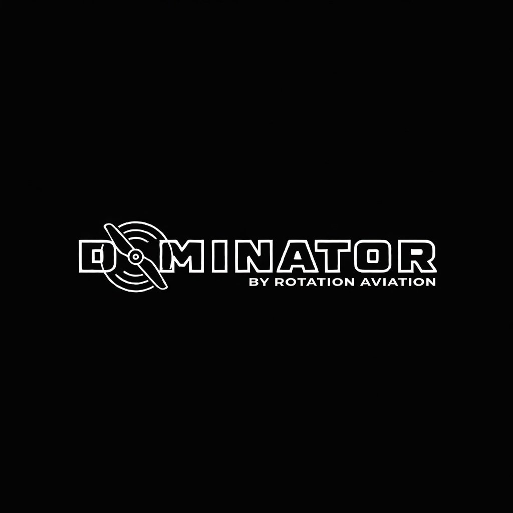 Logo with the word 'DOMINATOR' in large font, a propeller icon, and the text 'BY ROTATION AVIATION' underneath, all in white on a black background.