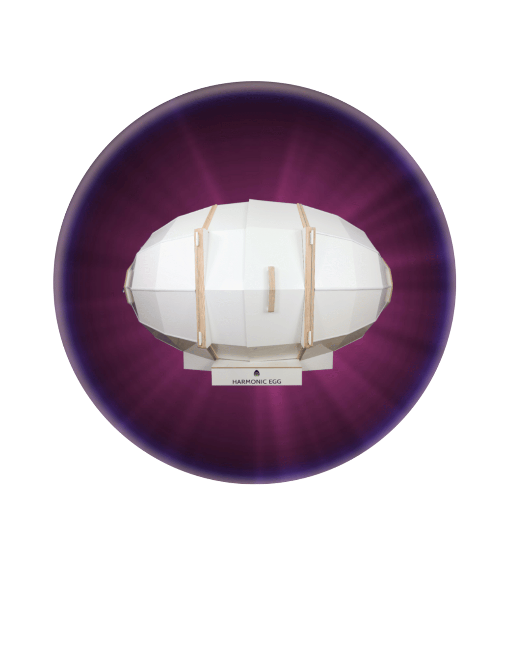 A white, egg-shaped structure labeled 'Harmonic Egg' inside a purple glowing sphere.