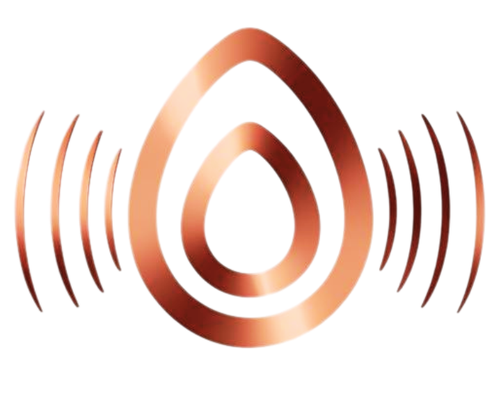 A metallic copper-colored icon of a water droplet with radio wave lines emanating from both sides, symbolizing water and sound or signal transmission.