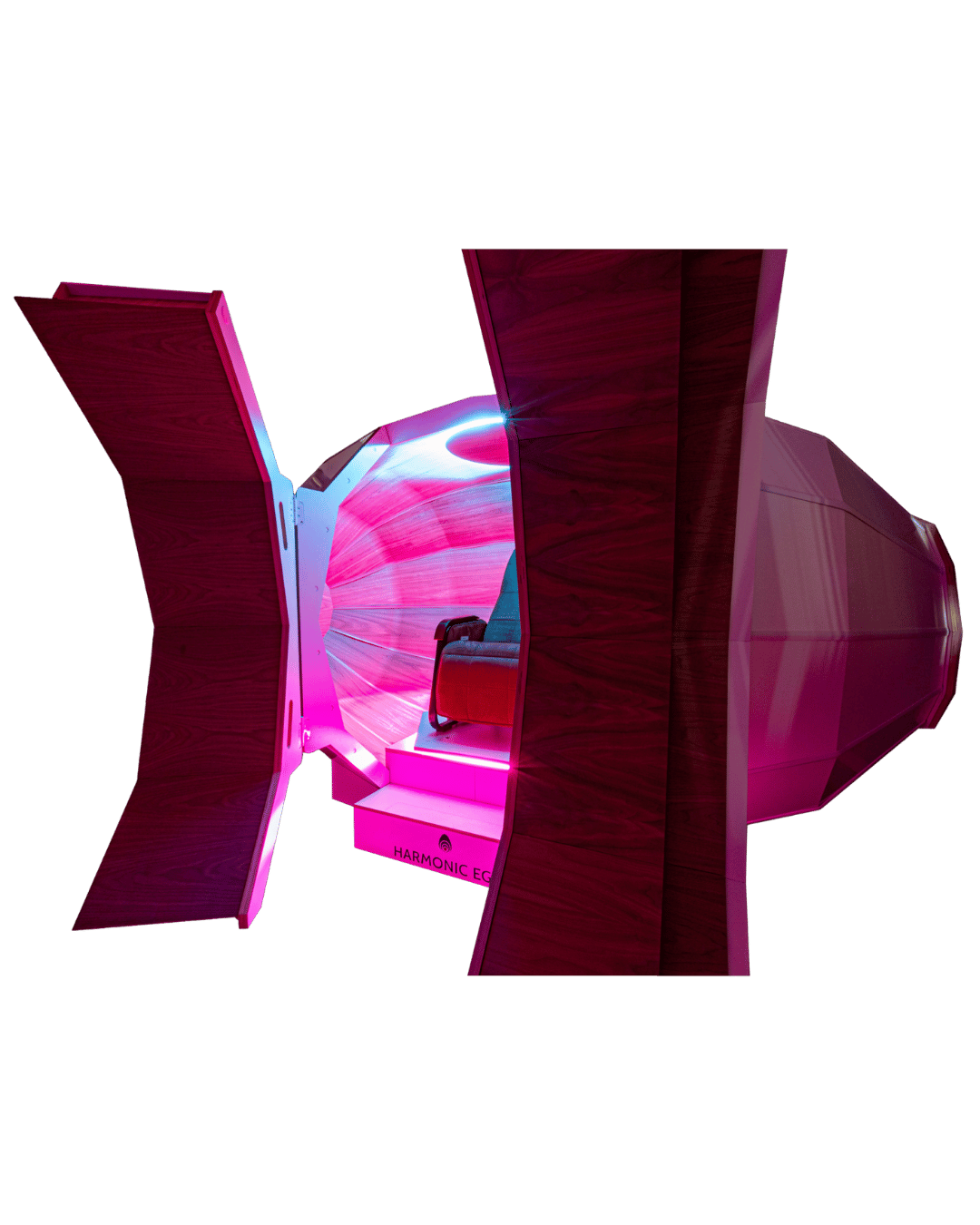 A futuristic pod with wooden exterior panels open to reveal a glowing pink and purple interior with seating, labeled Harmonic Egg.
