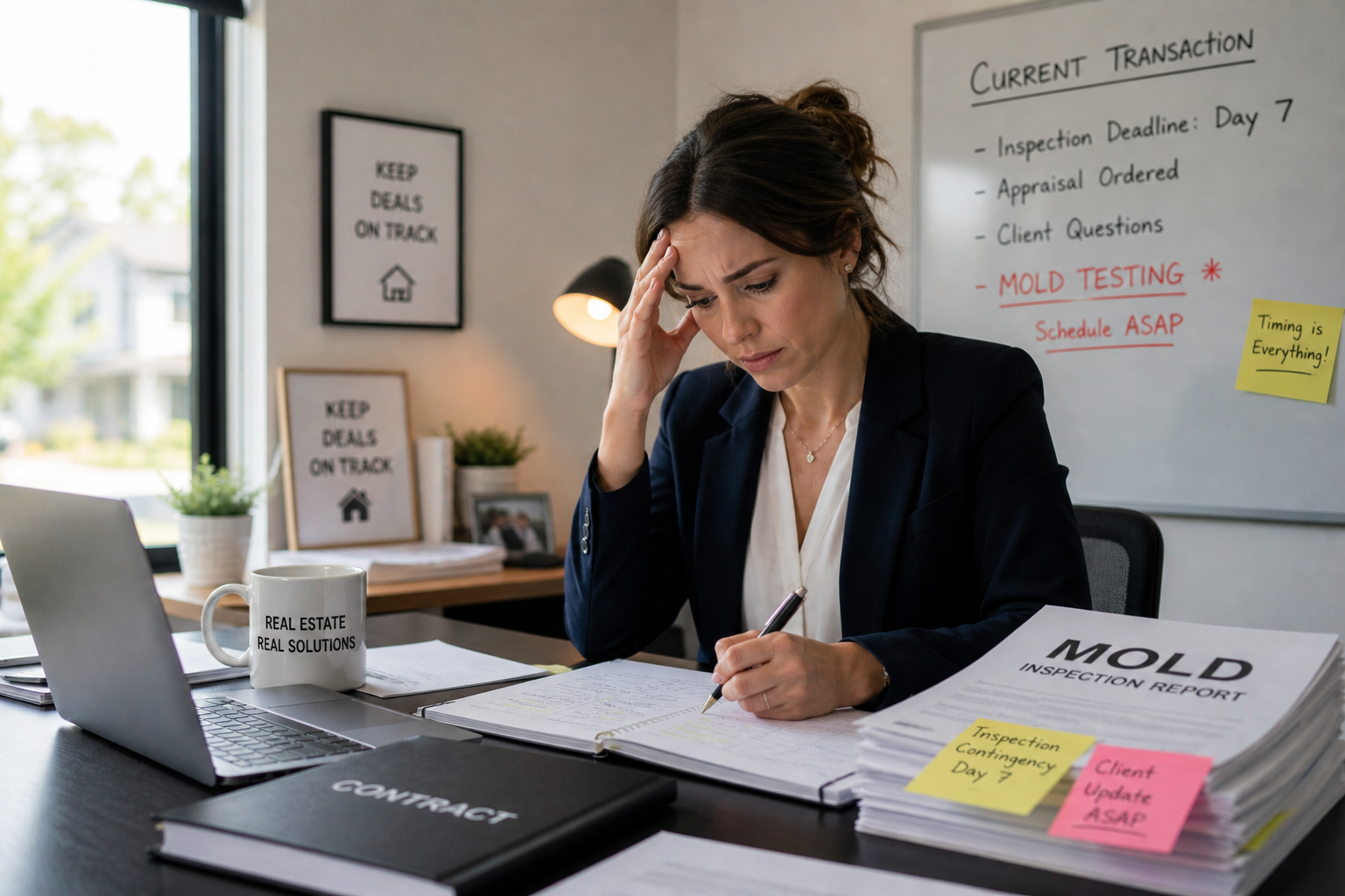 Real estate agent reviewing mold inspection documents during a home sale transaction.