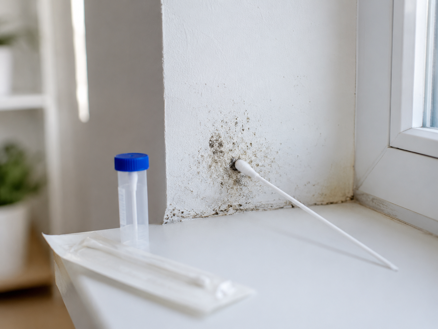 Mold inspection on a windowsill using swab testing