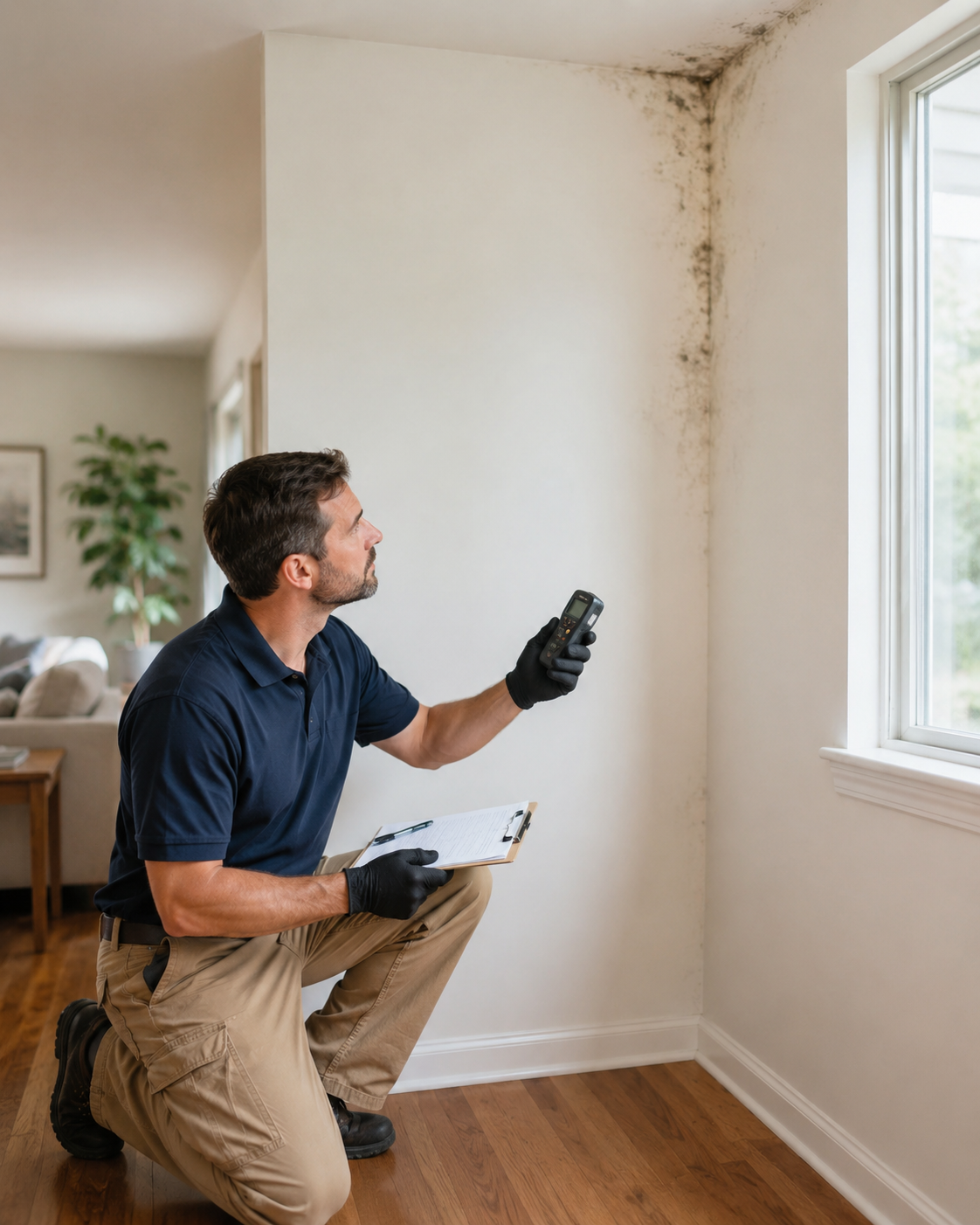 A mold inspector in Santa Barbara conducting a mold test on a wall with visible mold