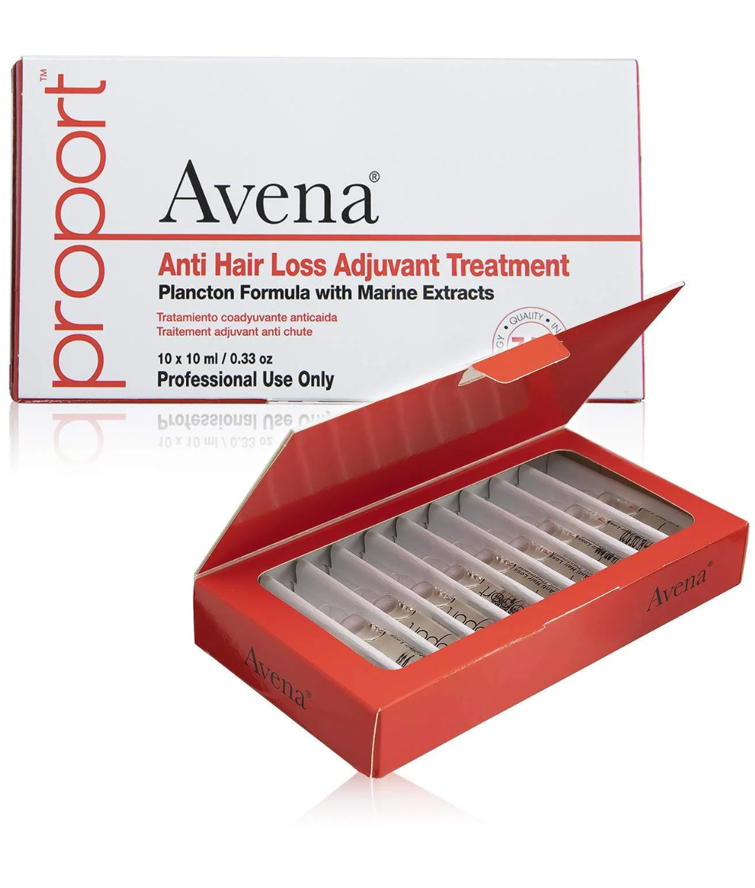 Box of Avena Anti Hair Loss Adjuvant Treatment with individual ampoules inside a red box, with a white outer packaging labeled 'Avena' and details about the product.