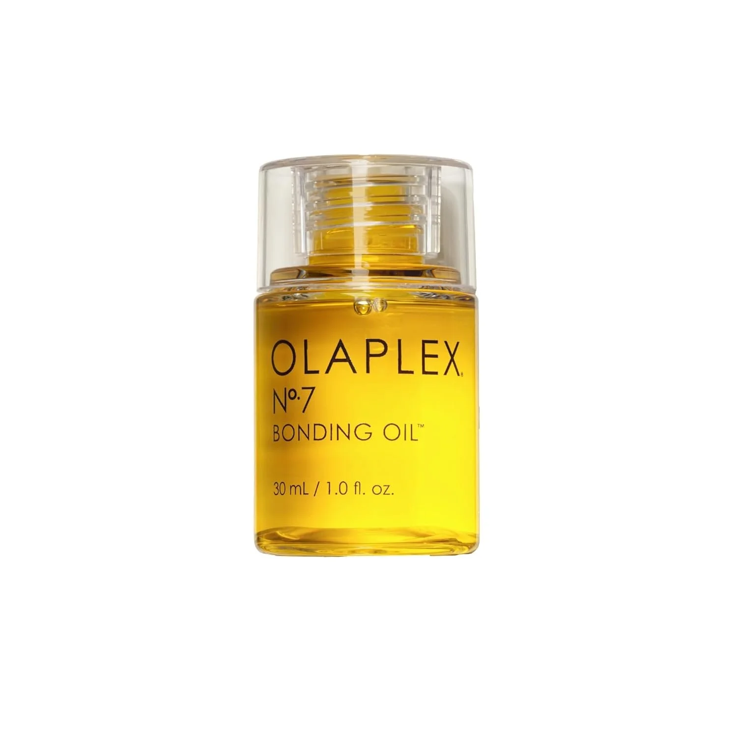 A small bottle of Olaplex No. 7 Bonding Oil with a clear cap, containing yellow oil, labeled with product information.