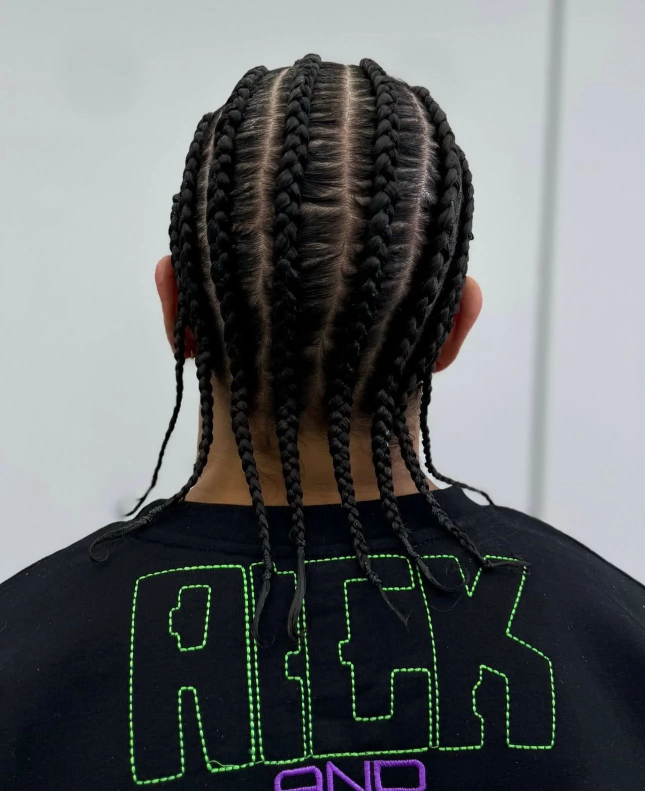 Back of a person with braided hairstyle, wearing a black shirt with green and purple text and a plain light-colored wall in the background.