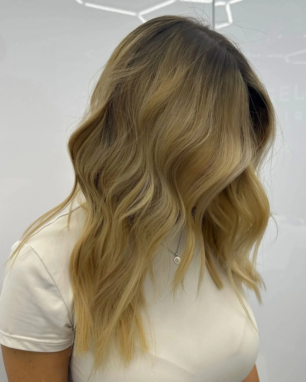 A woman with long, wavy, blonde hair with darker roots, wearing a white shirt and a silver necklace.