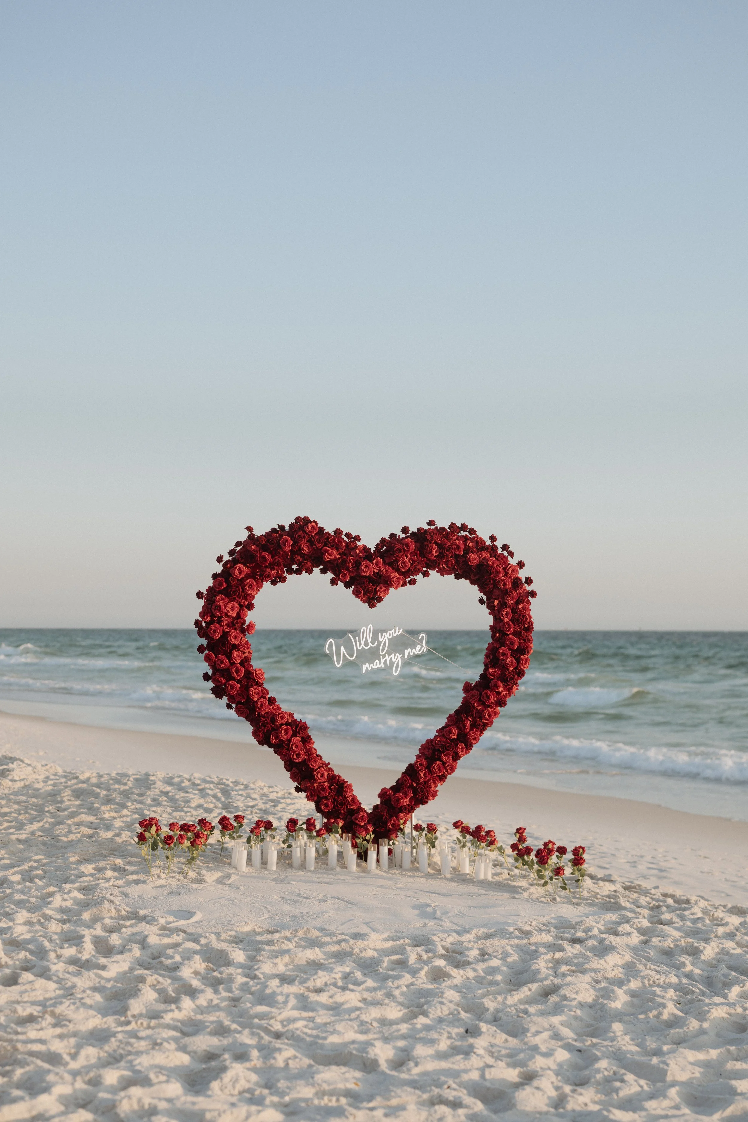 Panama City Beach Proposal with deep rose set up from coastal bloom, photos by Panama City beach photographers team