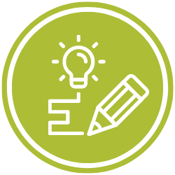 Light bulb above a pencil and a zigzag line, all within a green circular background.