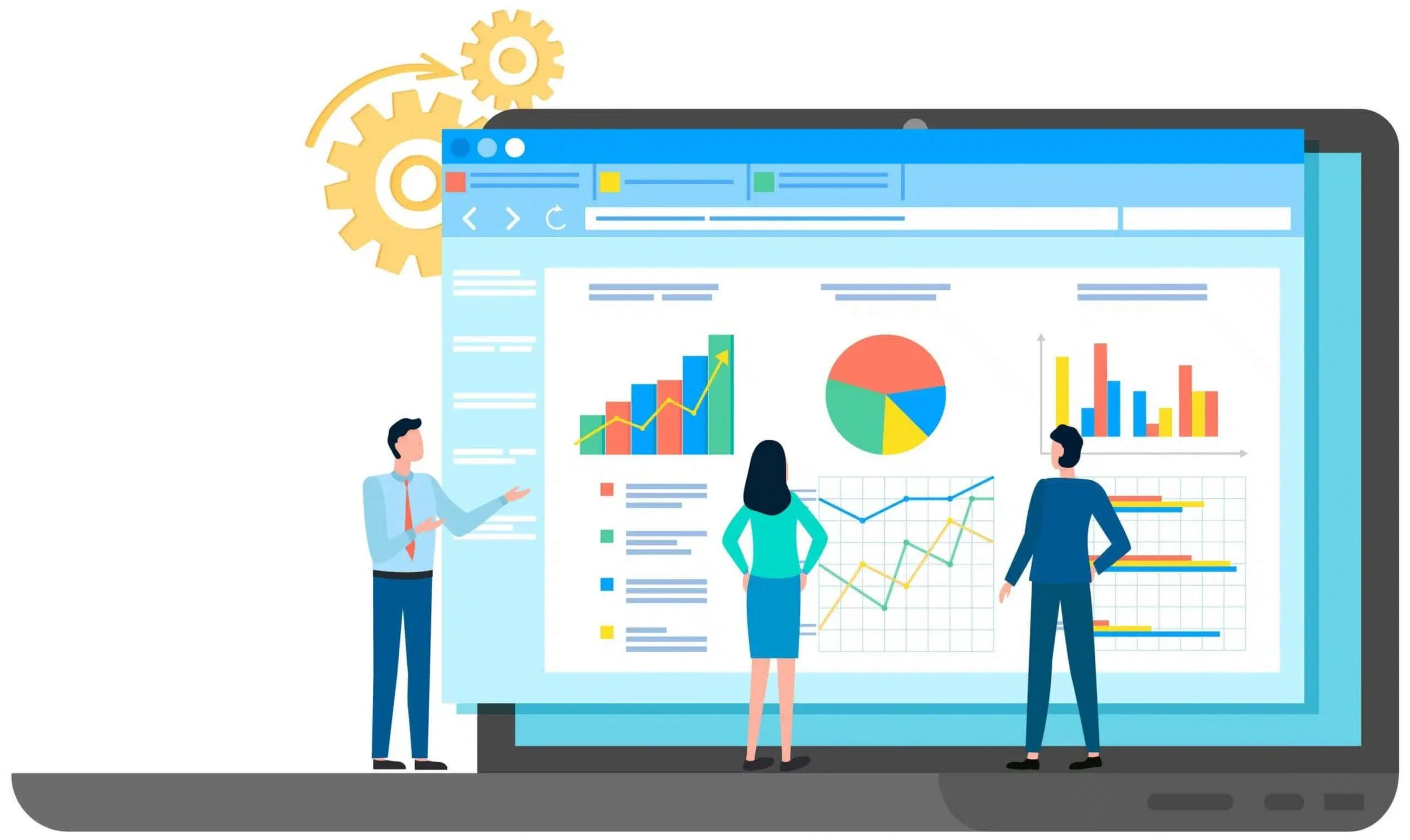 Illustration of workers looking at data on a computer