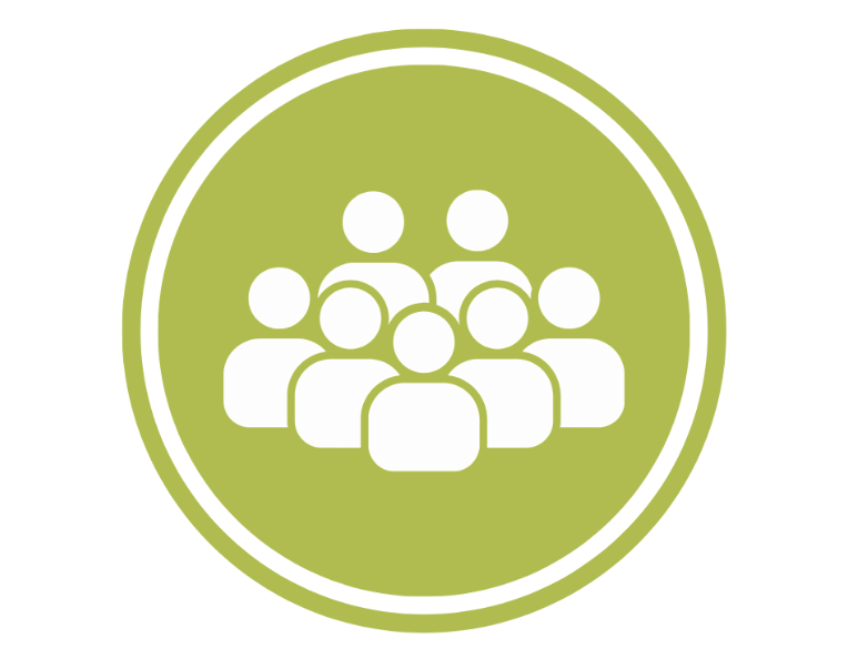 Icon of a group of seven people in white silhouette on a green circular background.