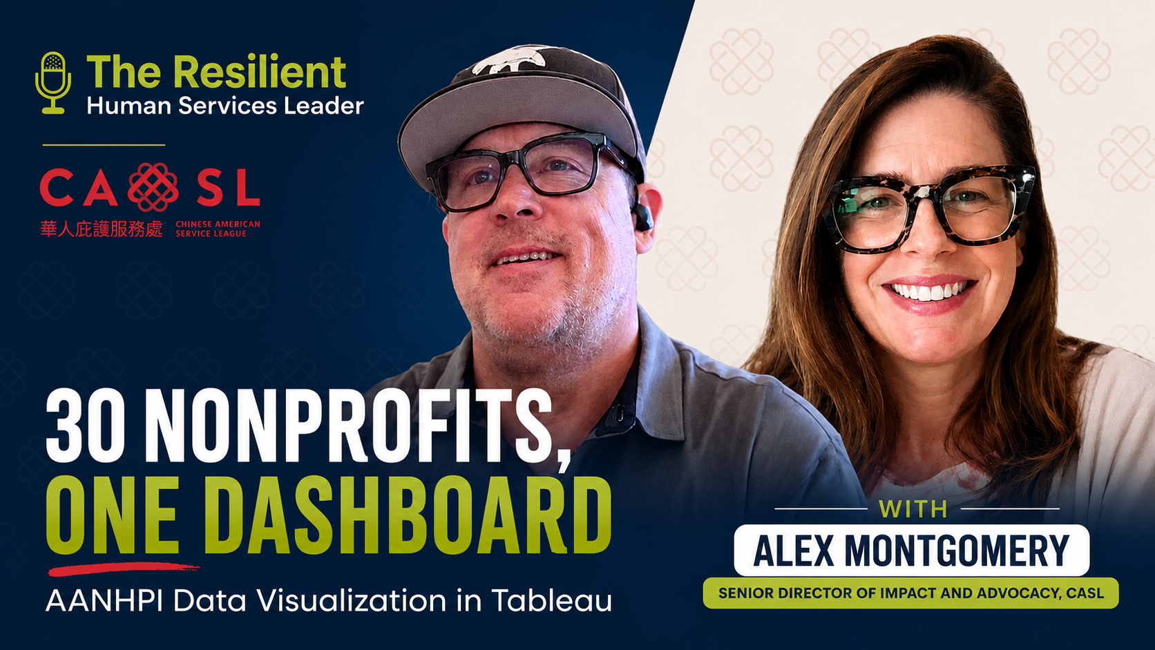 Promotional graphic for The Resilient Human Services Leader featuring the episode "30 Nonprofits, One Dashboard: AANHPI Data Visualization in Tableau" with guest Alex Montgomery, Senior Director of Impact and Advocacy at CASL.