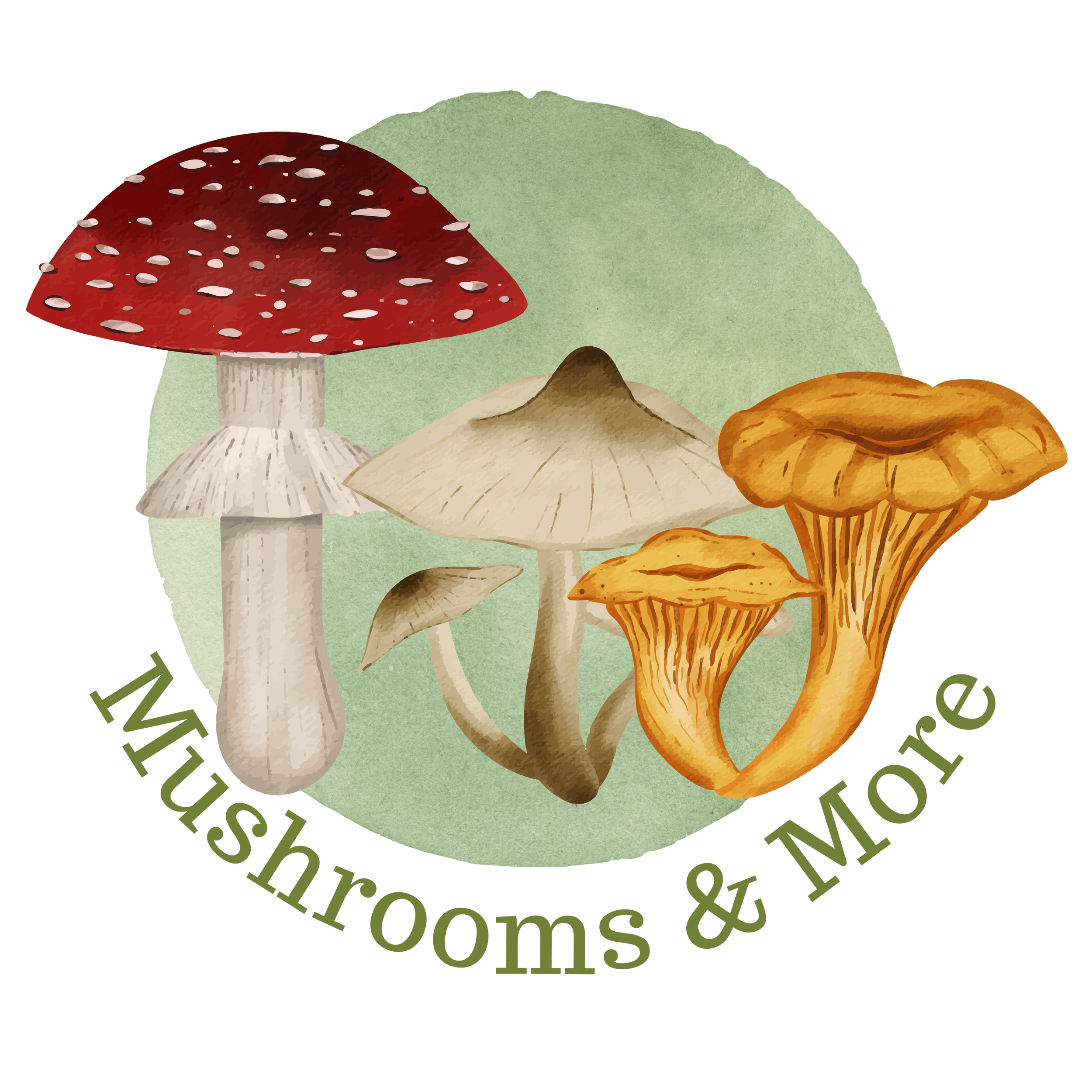 Watercolor mushrooms with "Mushrooms & More" text below.