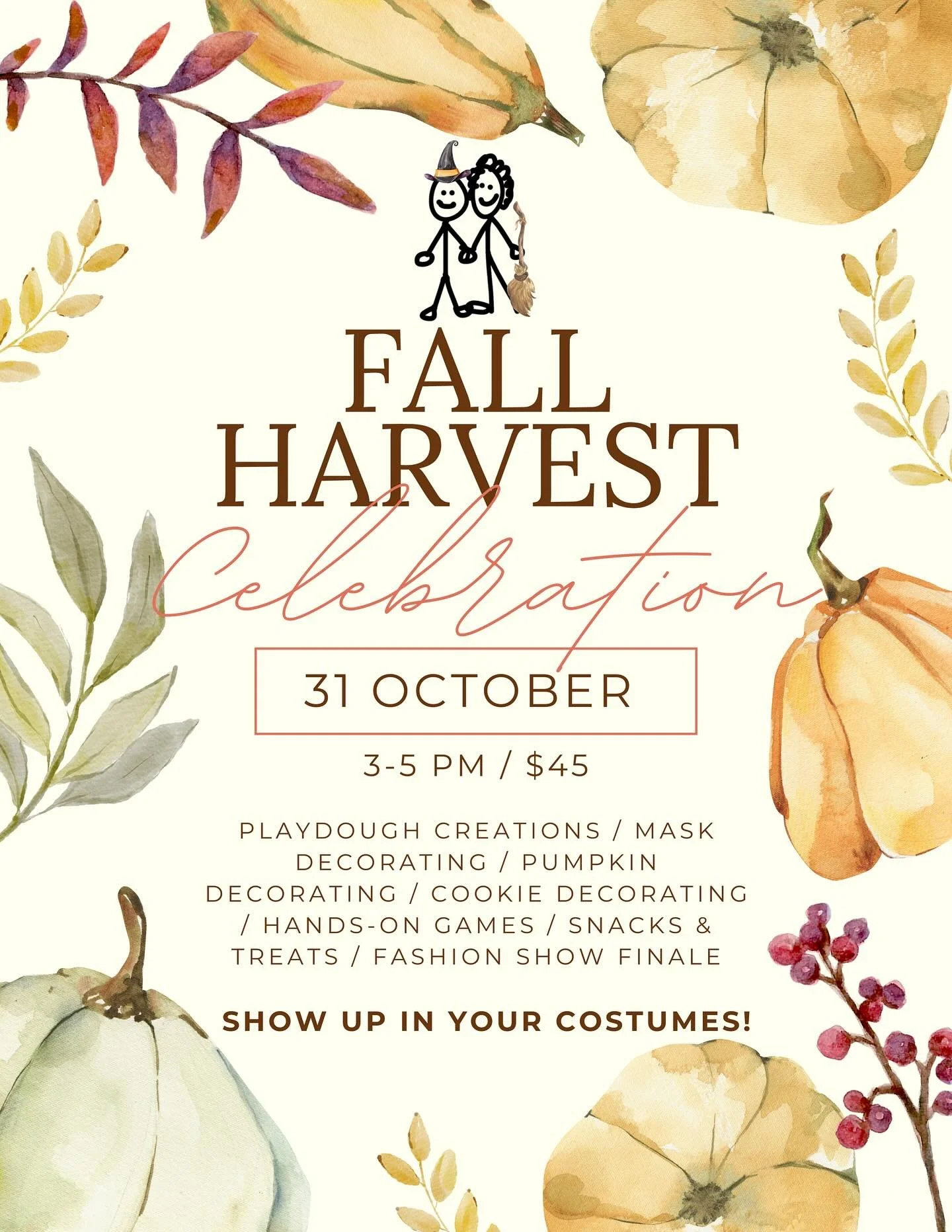 Grab your costumes and your crew and join us for our Fall Harvest Celebration. Until then stop by the studio for open play and pretend play at our theater station 🙂