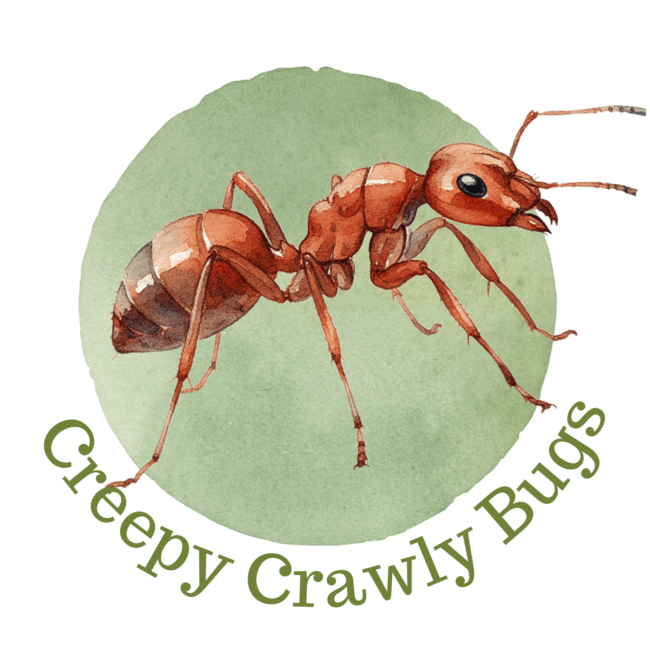 Illustration of an ant against a green circular background with the text "Creepy Crawly Bugs" below.
