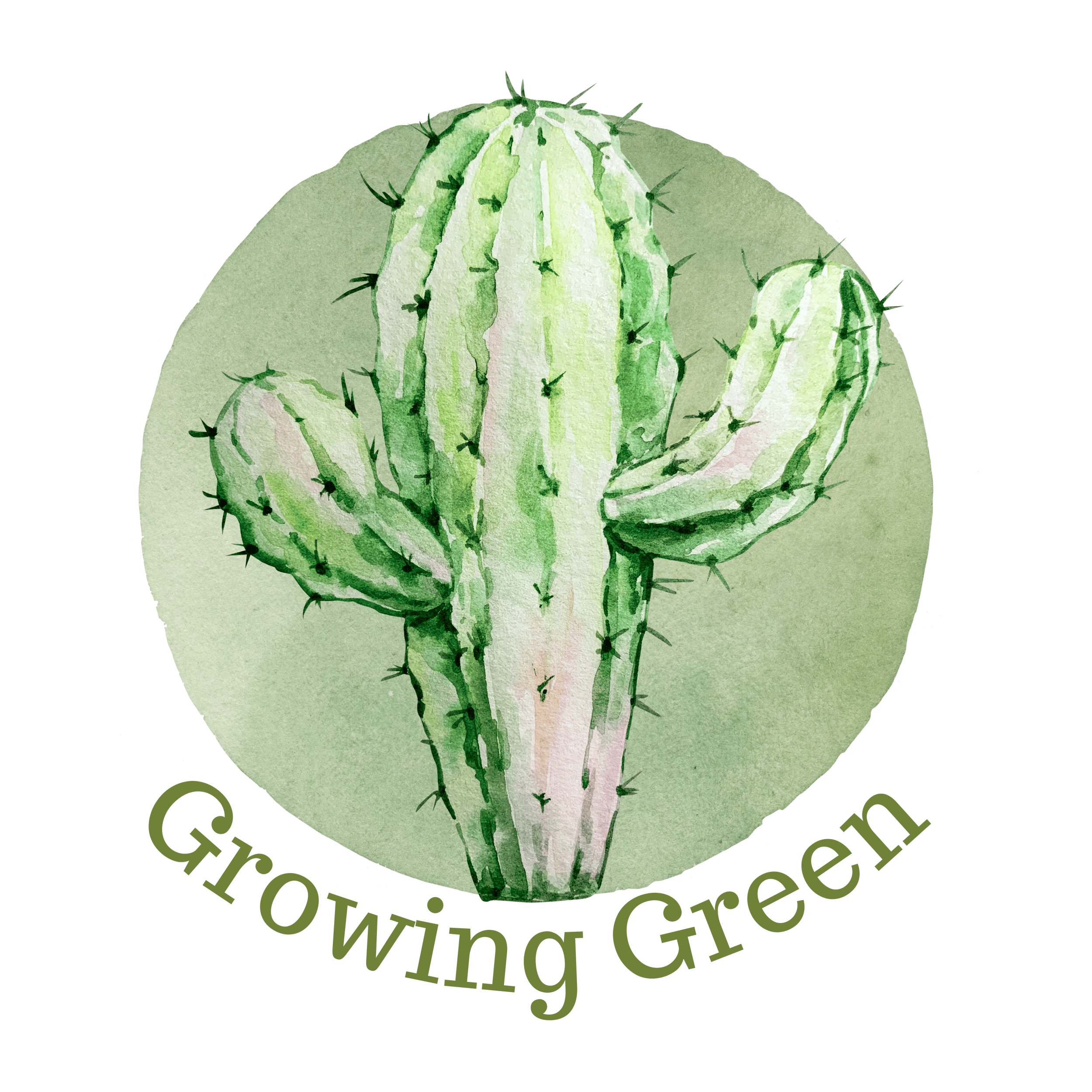 Watercolor cactus with text "Growing Green" around it.