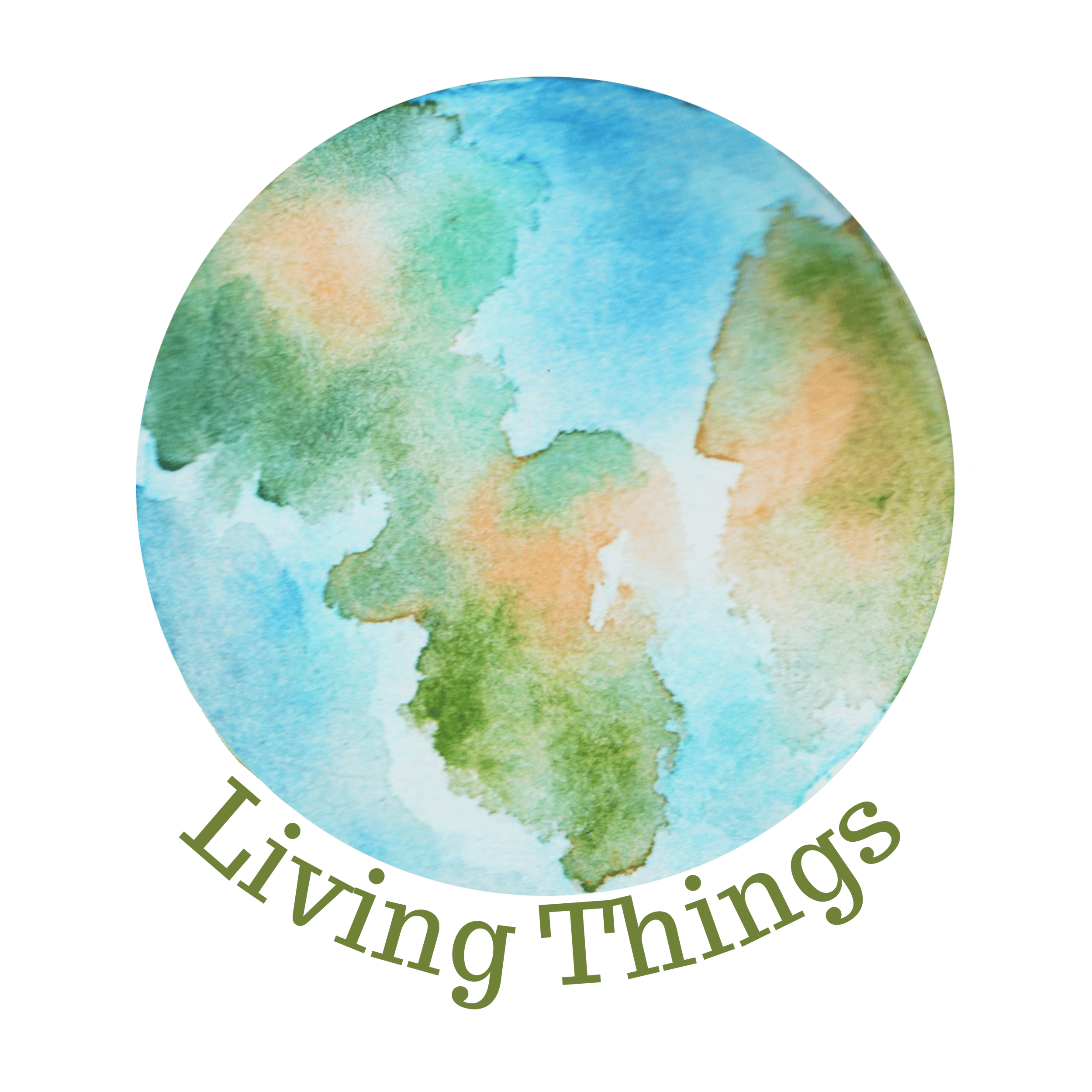 Watercolor globe with text “Living Things” on a circular green background