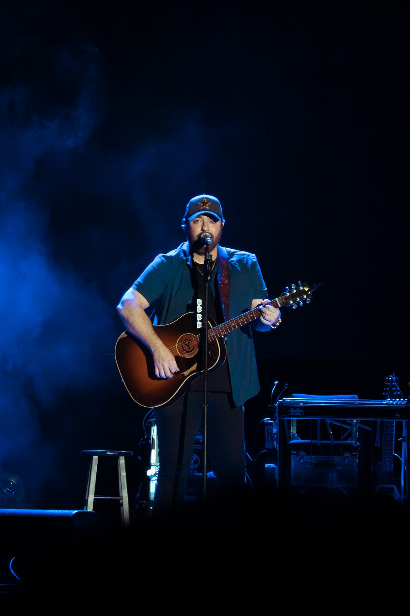 Musician performing on stage with a guitar, wearing a hat, microphone stand in front, blue lighting.